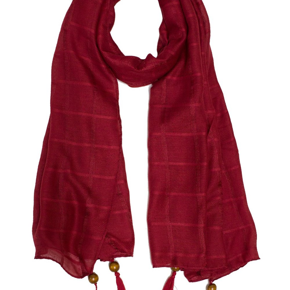 Burgundy Plaid Wood Bead Tassel Soft Wrap Scarf